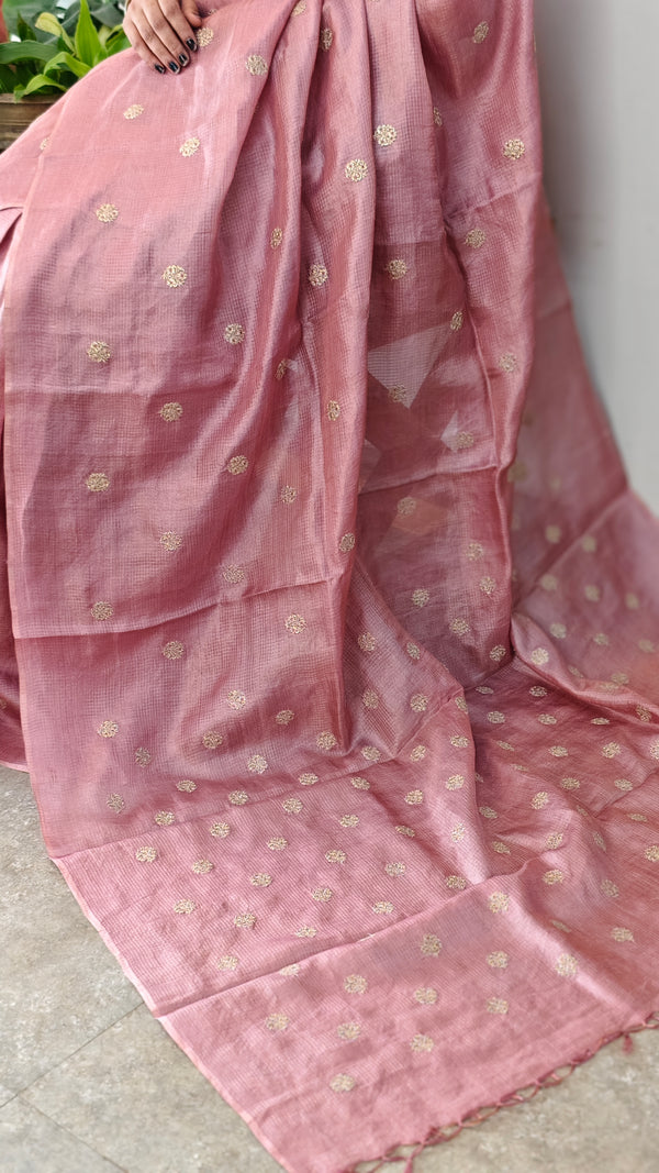 Light onion pink checked tussar silk saree - NZ91