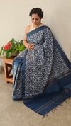 Navy blue embroidered tussar silk saree - KJ87