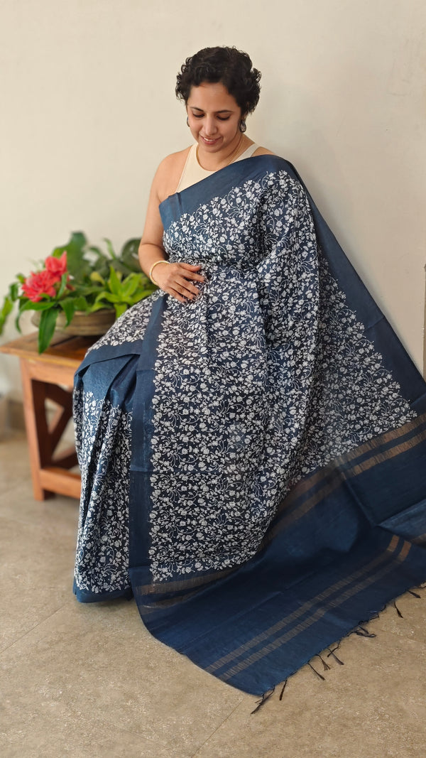 Navy blue embroidered tussar silk saree - KJ87