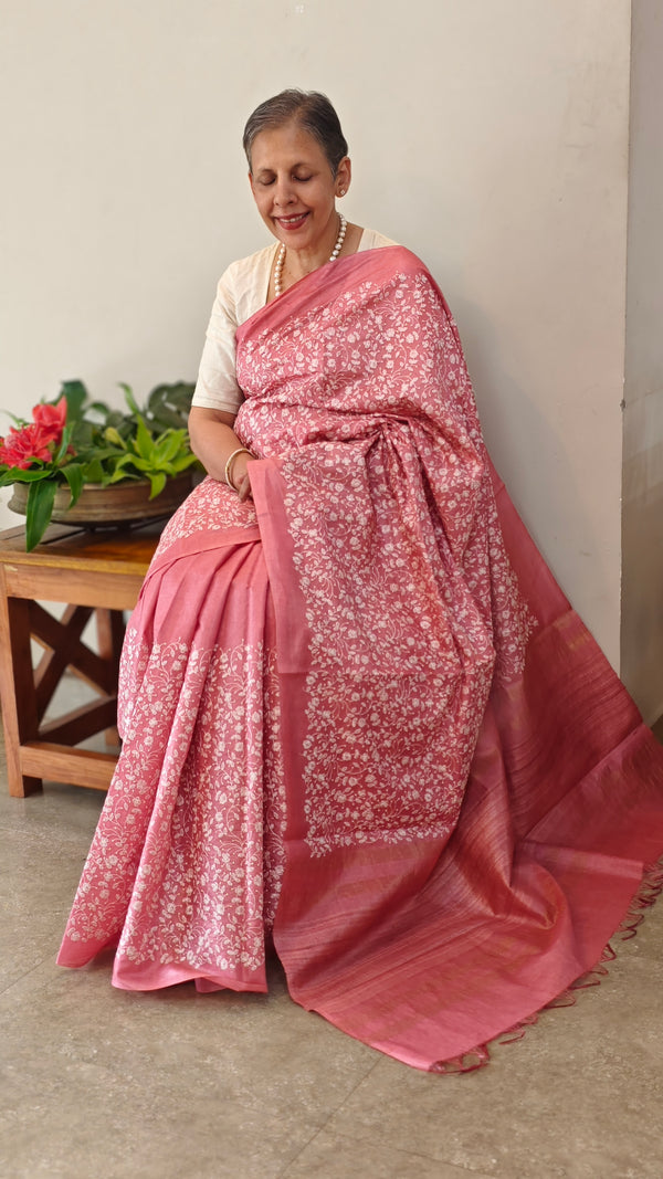 Blush pink embroidered tussar silk saree - KJ87