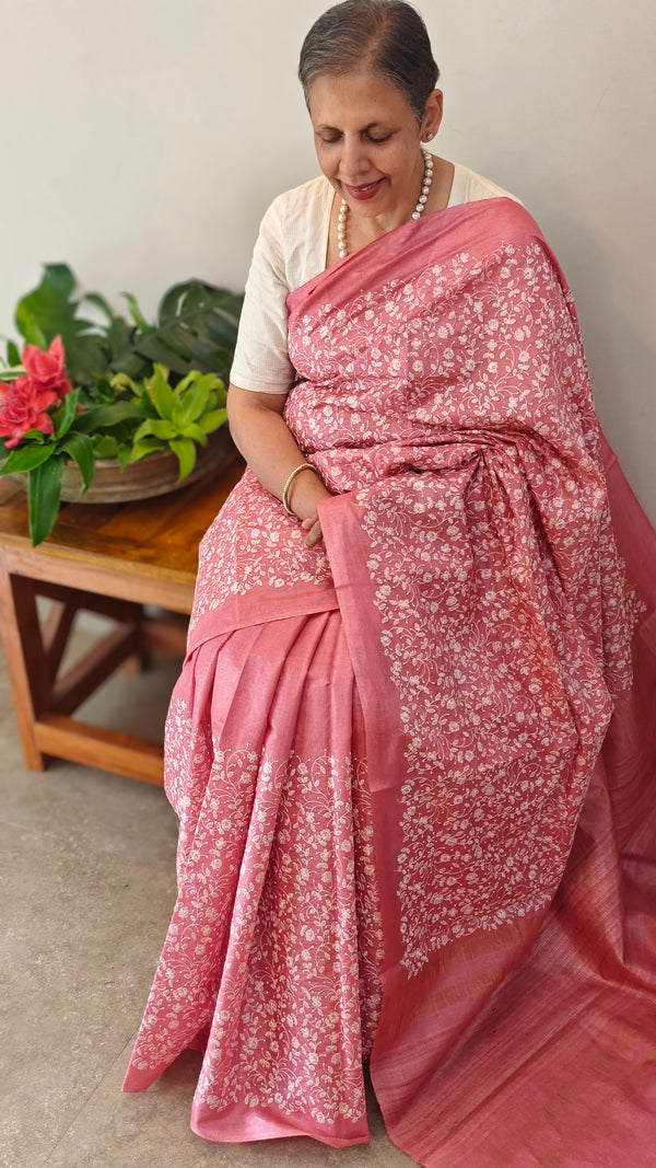 Blush pink embroidered tussar silk saree - KJ87