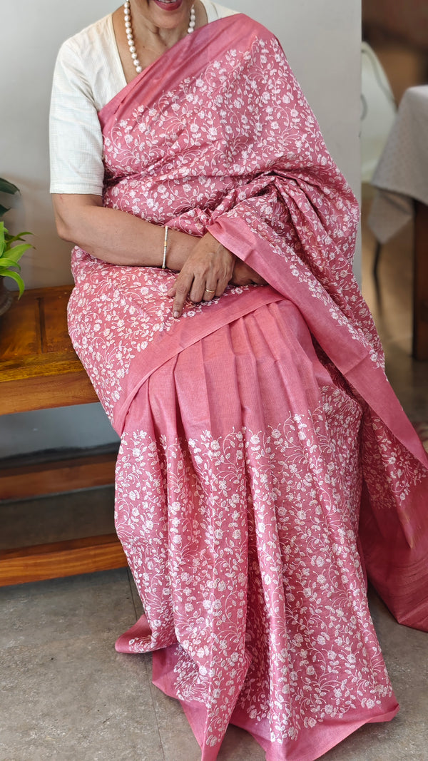 Blush pink embroidered tussar silk saree - KJ87