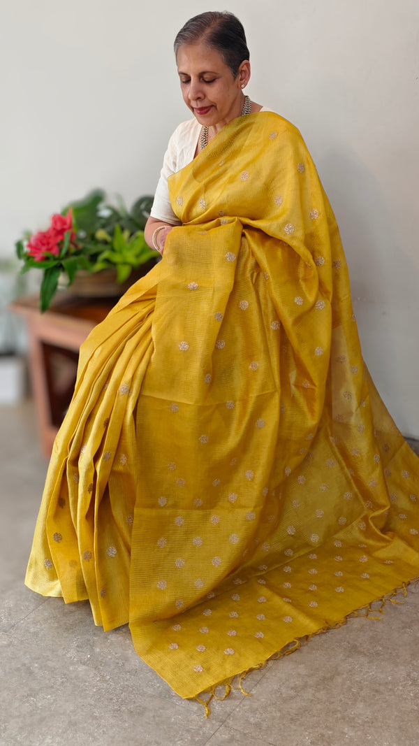 Mustard yellow checked tussar silk saree - NZ91