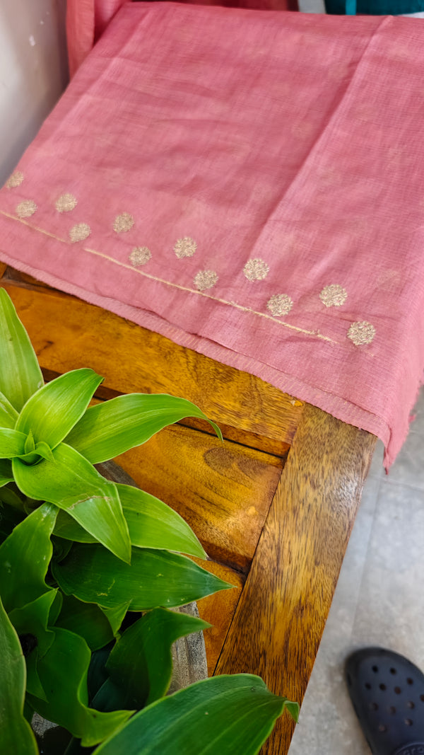 Blush pink checked tussar silk saree - NZ91