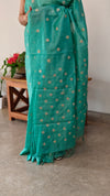 Turquoise green checked tussar silk saree - NZ91
