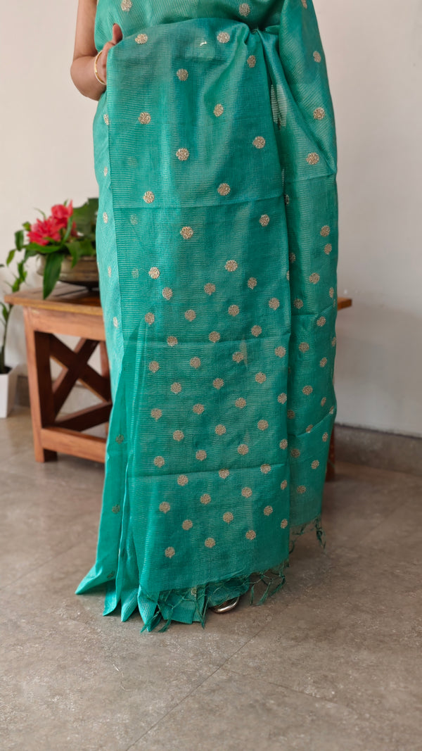 Turquoise green checked tussar silk saree - NZ91