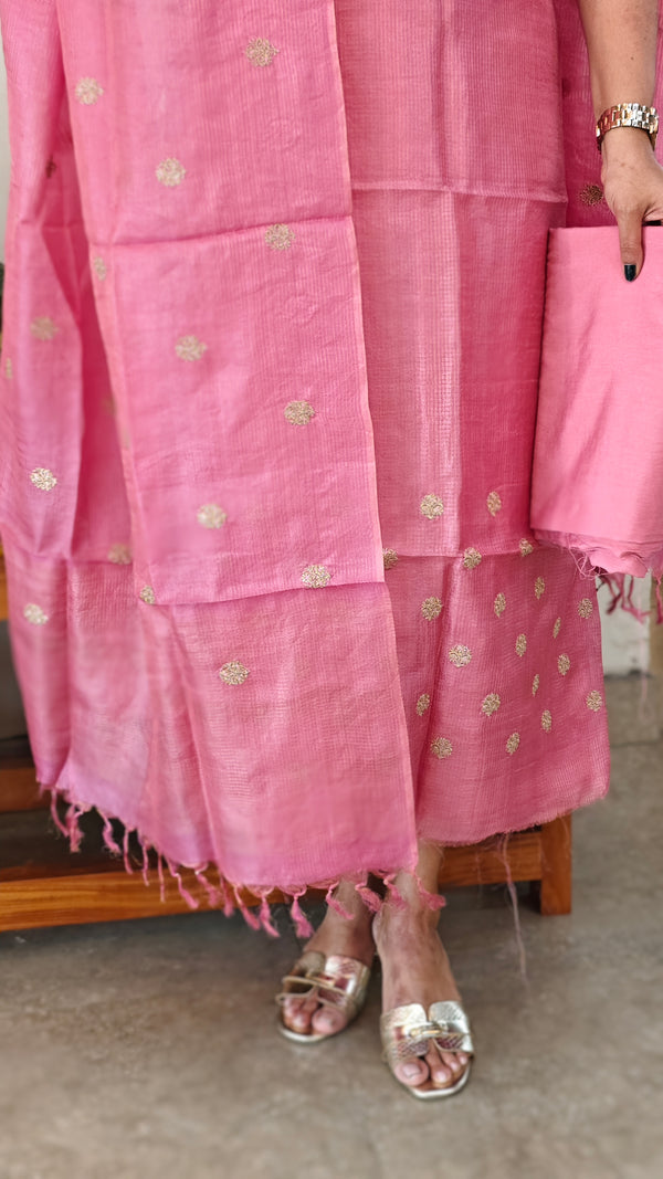 Flamengo pink embroidered checked tussar suit - 81NZ