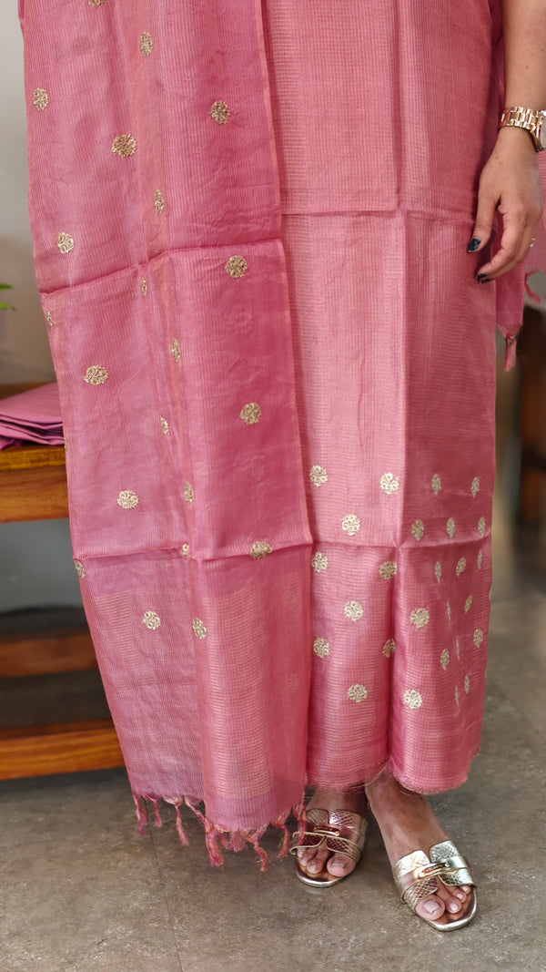 Blush pink embroidered checked tussar suit - 81NZ