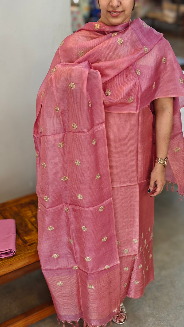 Blush pink embroidered checked tussar suit - 81NZ