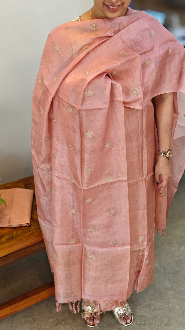Dusty peach embroidered checked tussar silk suit - 81NZ