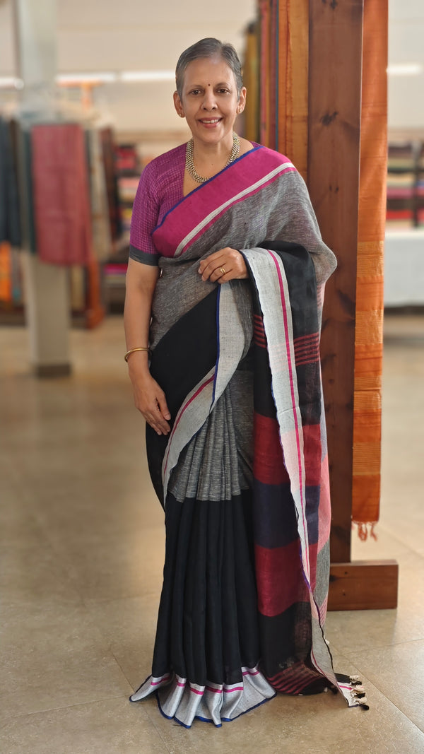 Black and grey linen cotton saree