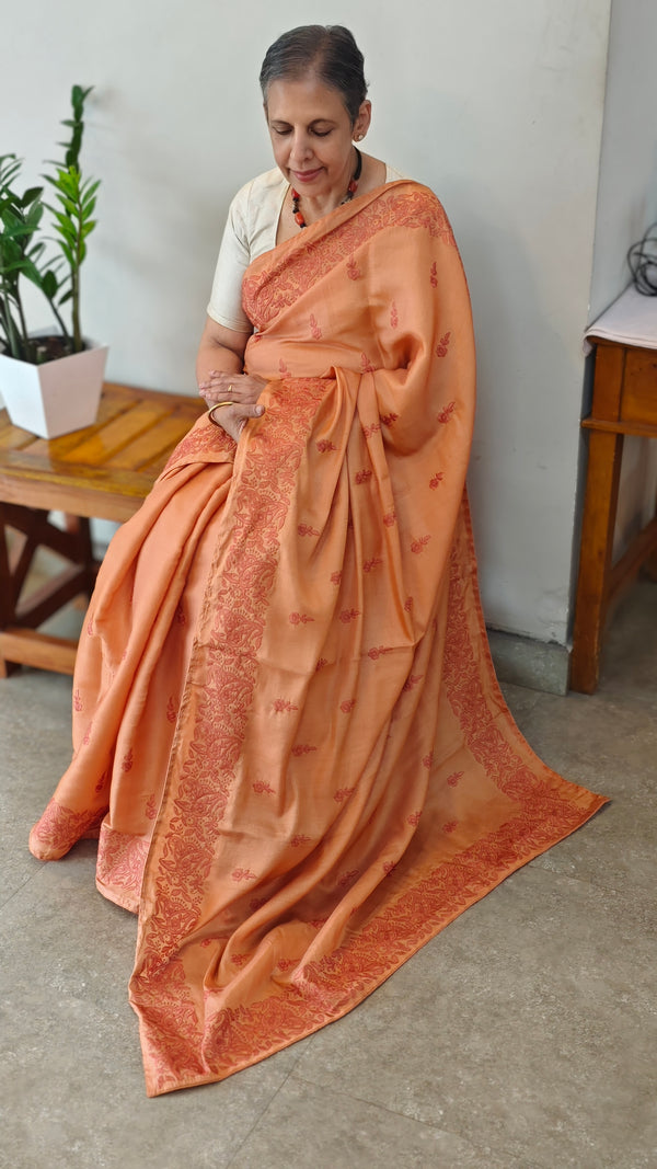 Burnt Peach Embroidered muslin saree