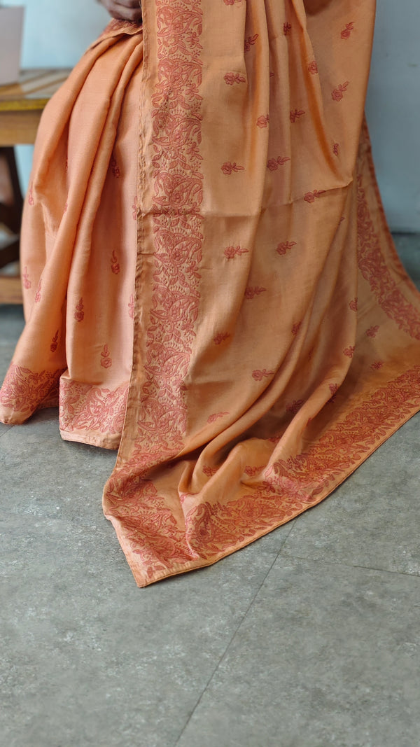 Burnt Peach Embroidered muslin saree