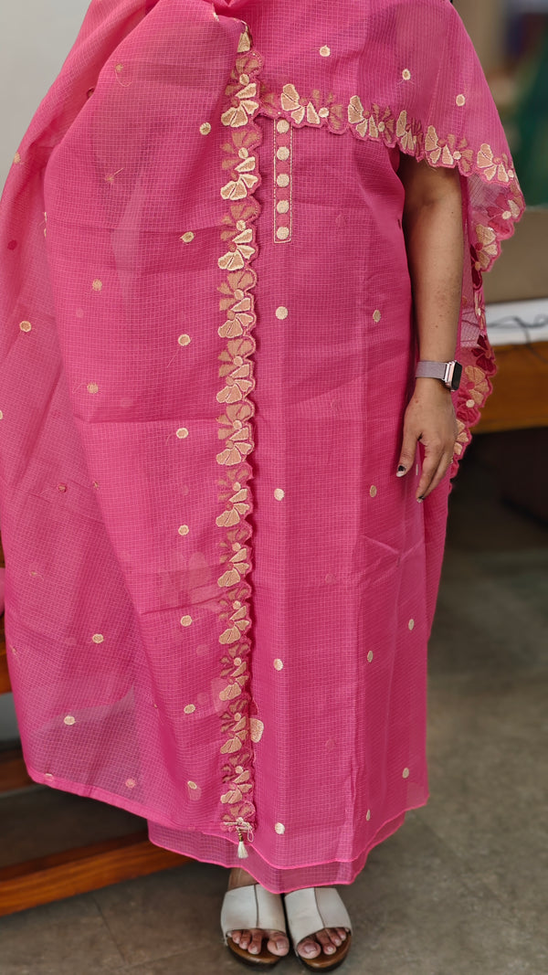 Pink embroidered net kota suit