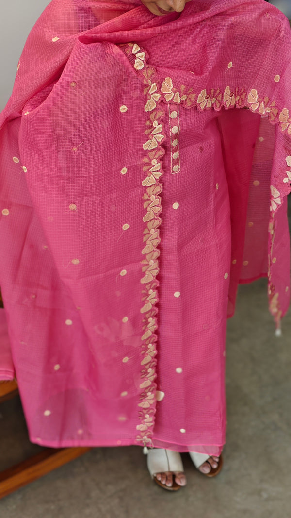 Pink embroidered net kota suit