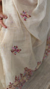Cream linen tissue hand embroidered saree