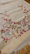 Cream linen tissue hand embroidered saree