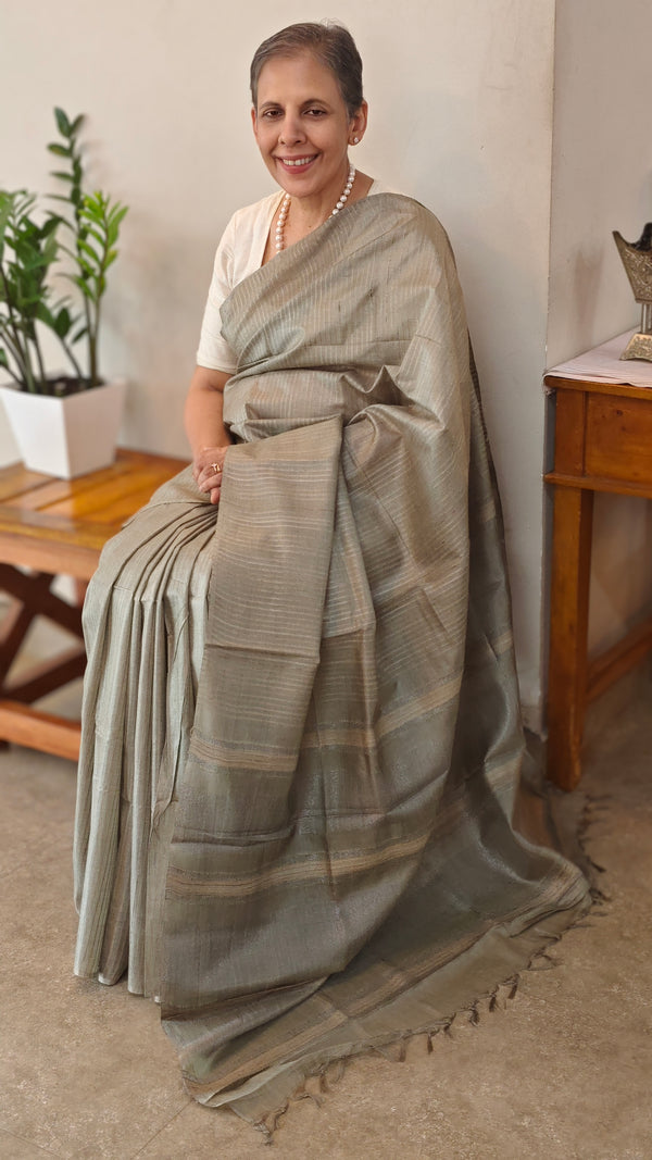 Smoky sage green tussar silk saree
