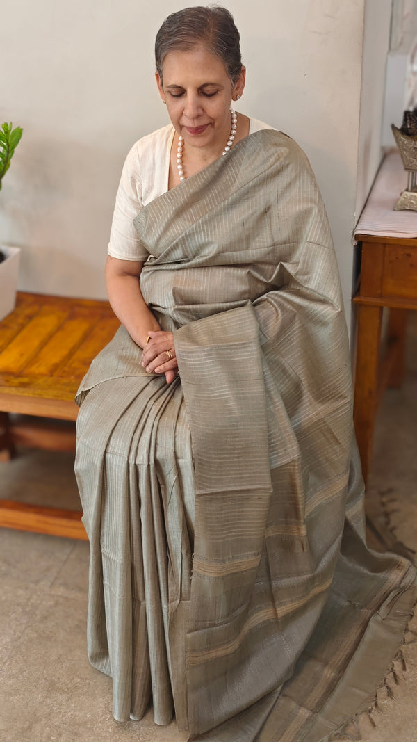 Smoky sage green tussar silk saree