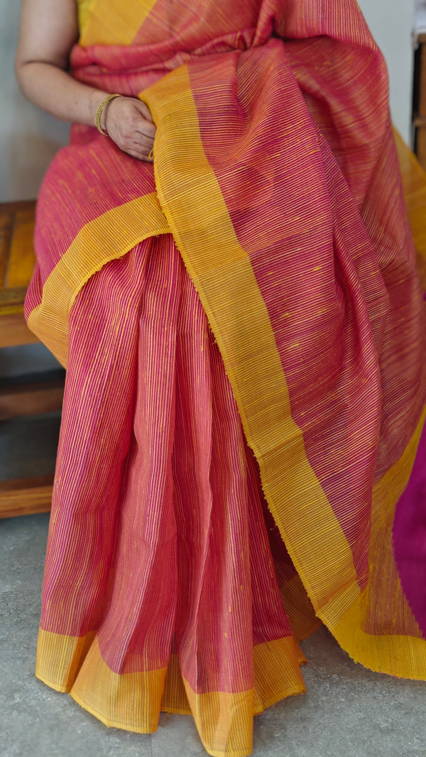 Pink and mustard kora silk saree