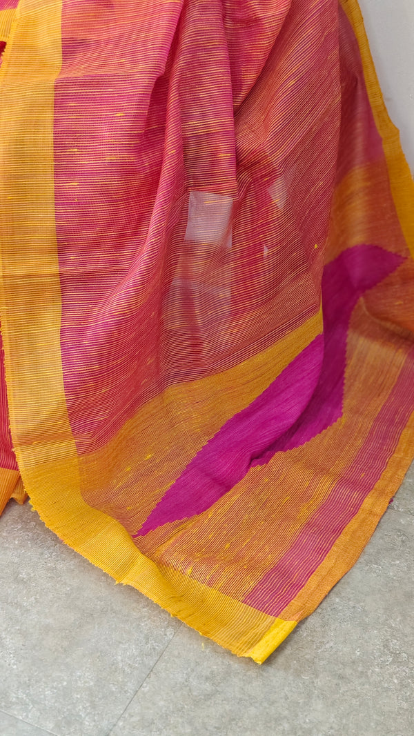 Pink and mustard kora silk saree