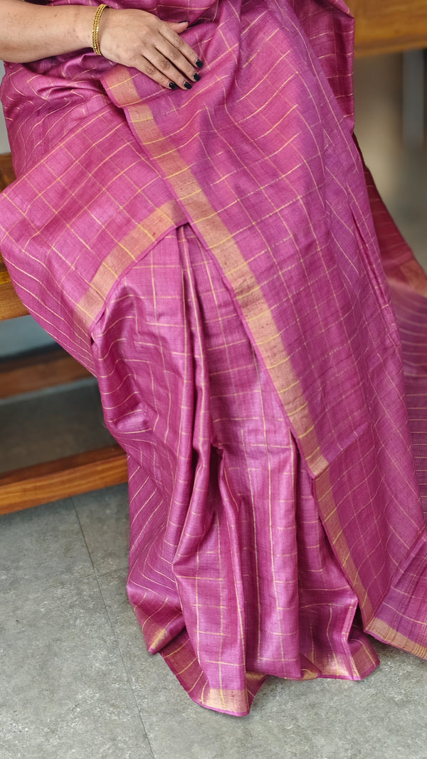 Dark pink checked desi tussar silk saree