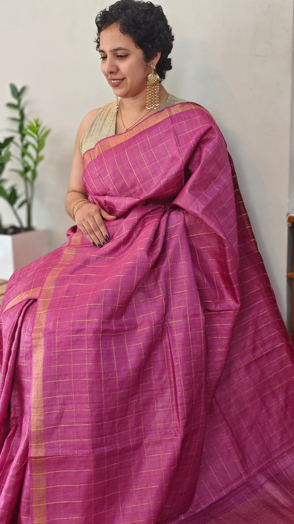 Dark pink checked desi tussar silk saree