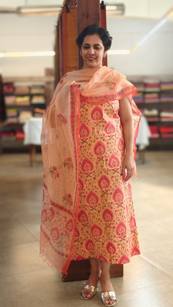Peach and pink printed cotton suit