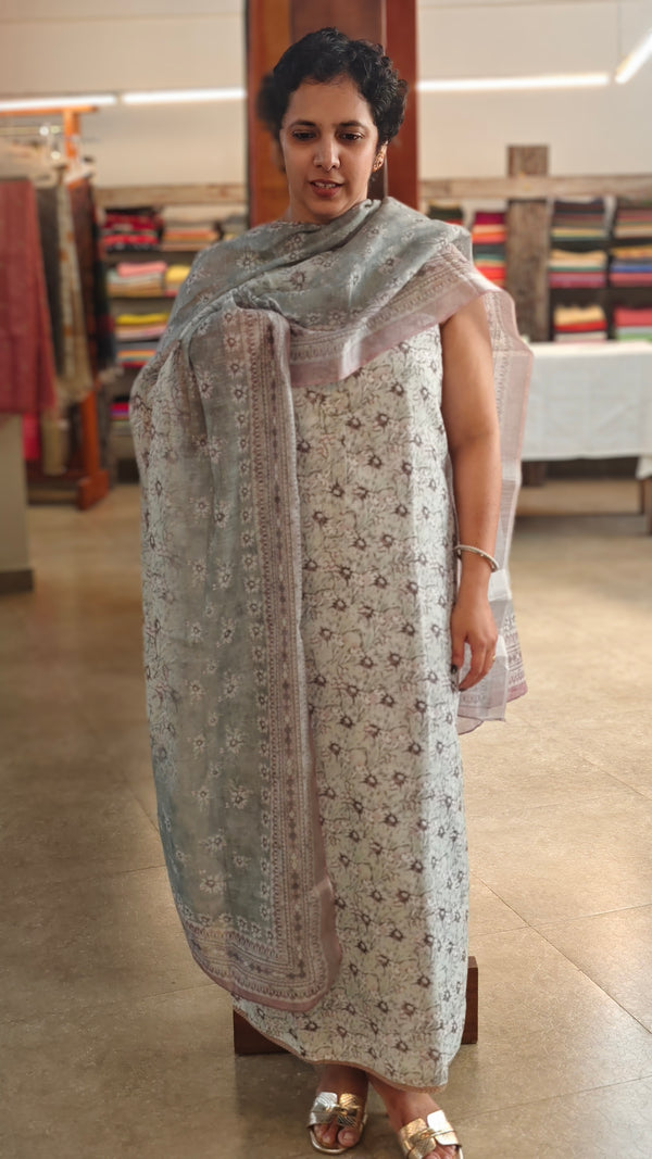 Light grey Printed linen chanderi suit