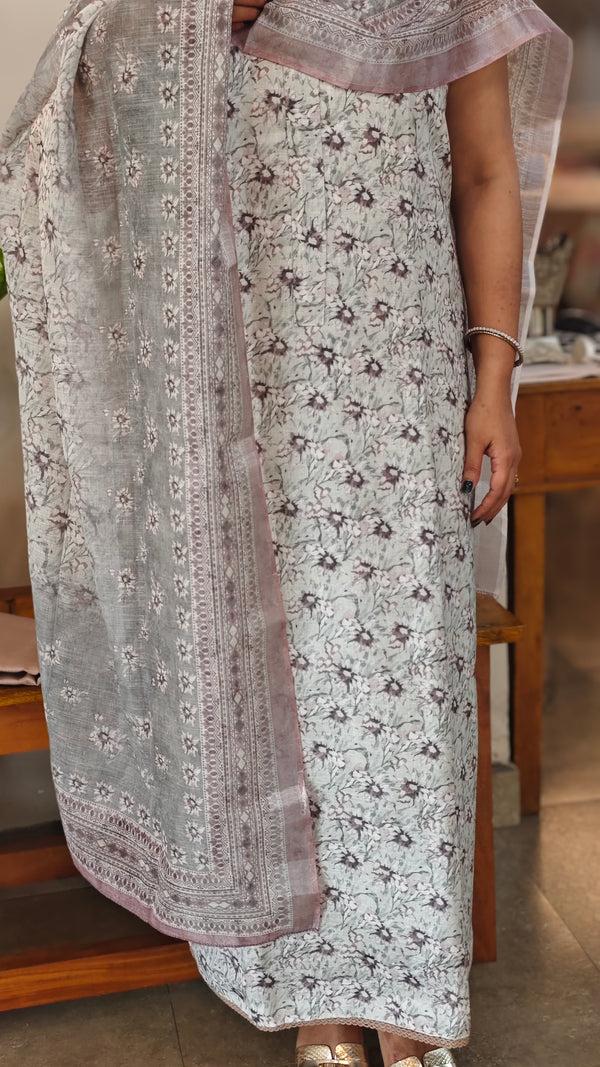 Light grey Printed linen chanderi suit