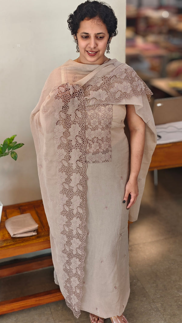 Taupe cutwork embroidered suit - C632