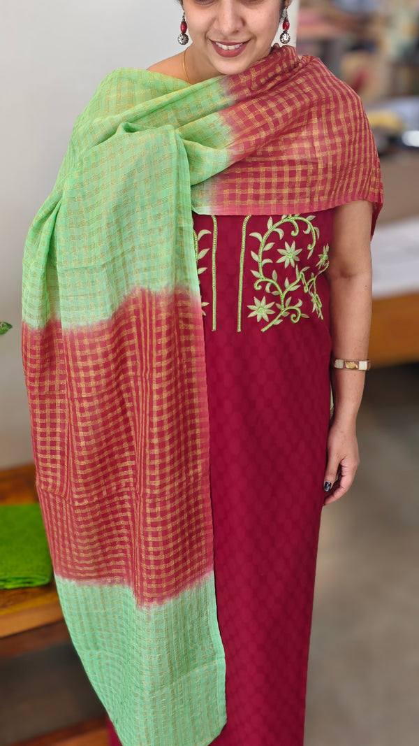 Maroon and green cotton embroidered suit