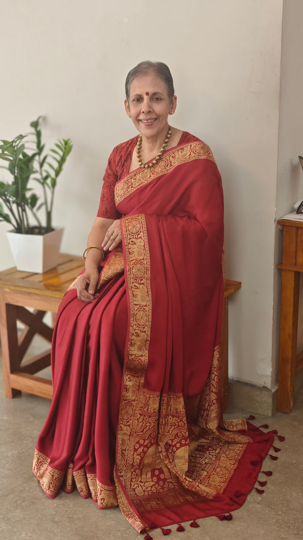 Dark red banarasi modal silk saree