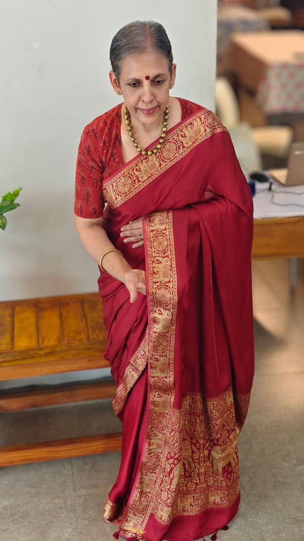 Dark red banarasi modal silk saree