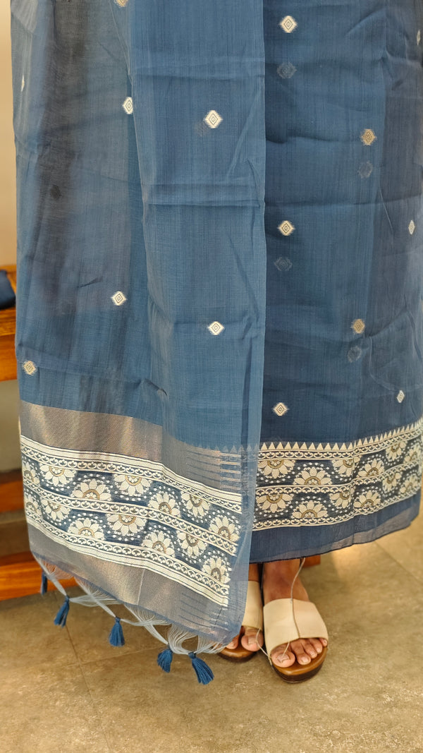 Indigo linen chanderi jamdani suit - SC54 - D1