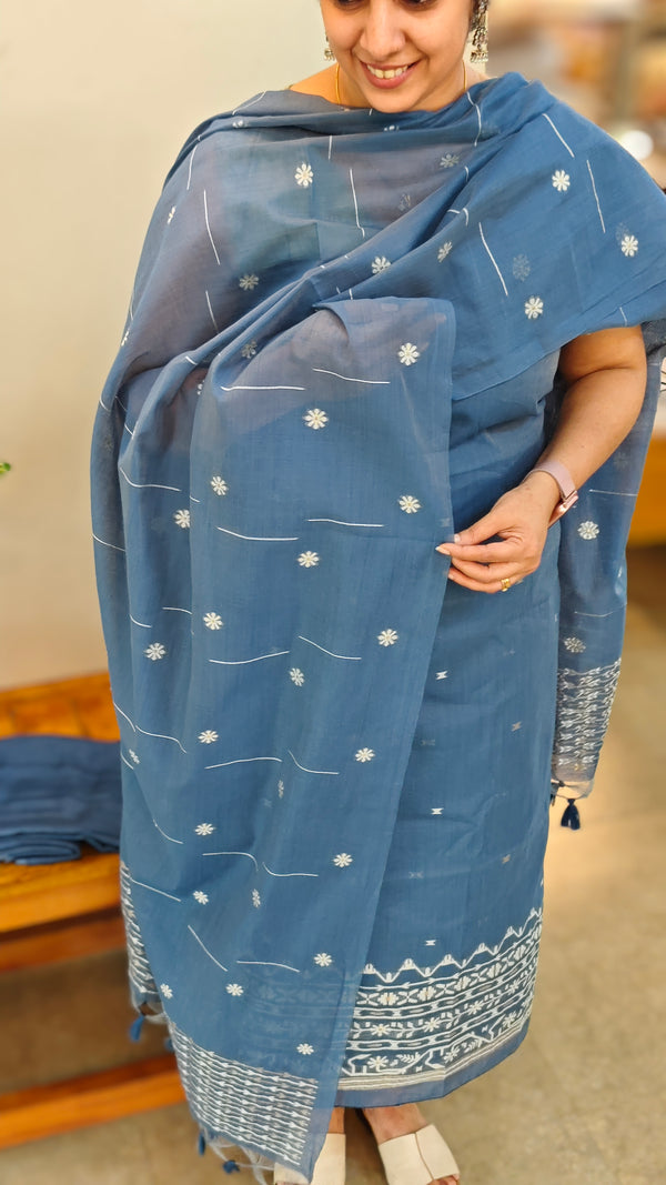 Indigo linen chanderi jamdani suit - SC54 - D4