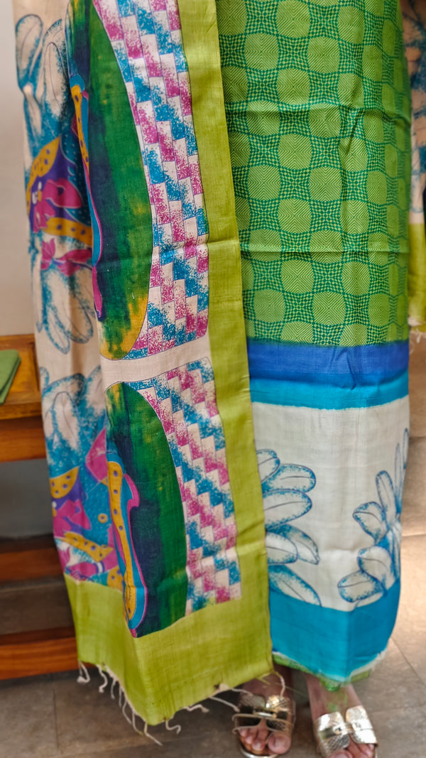 Kalamkari tussar silk suit in green and blue