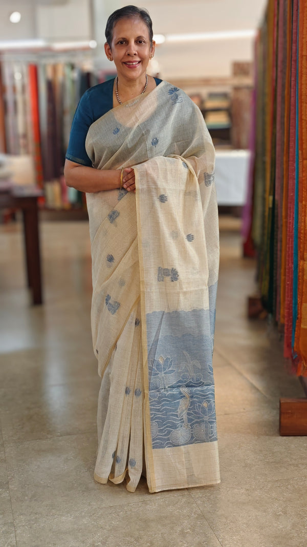 Light beige and blue linen chanderi saree