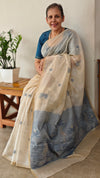 Light beige and blue linen chanderi saree