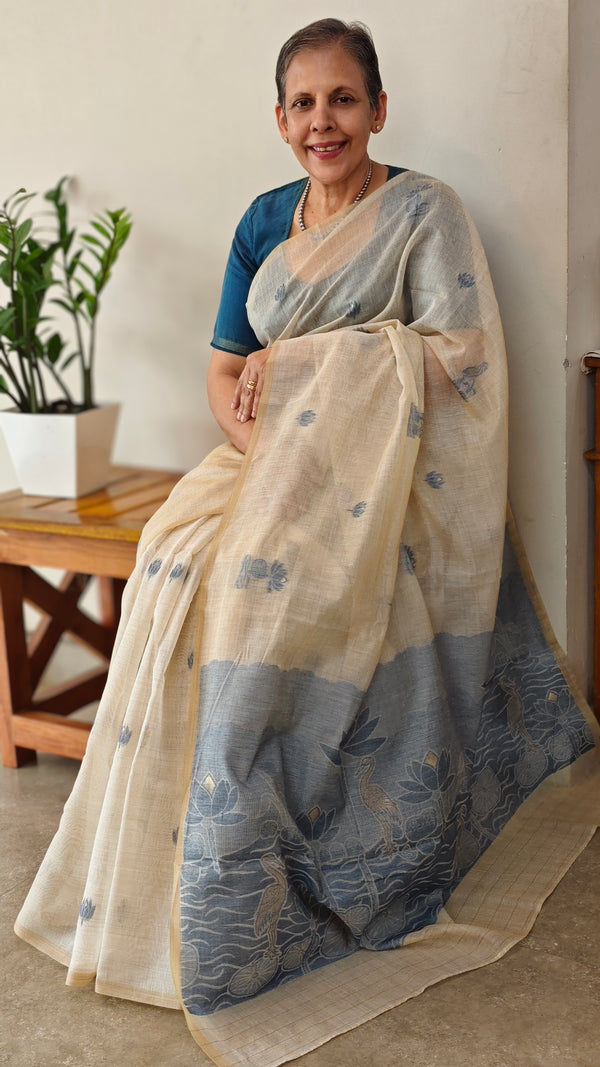 Light beige and blue linen chanderi saree