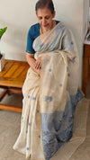Light beige and blue linen chanderi saree