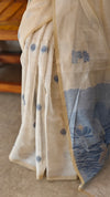 Light beige and blue linen chanderi saree