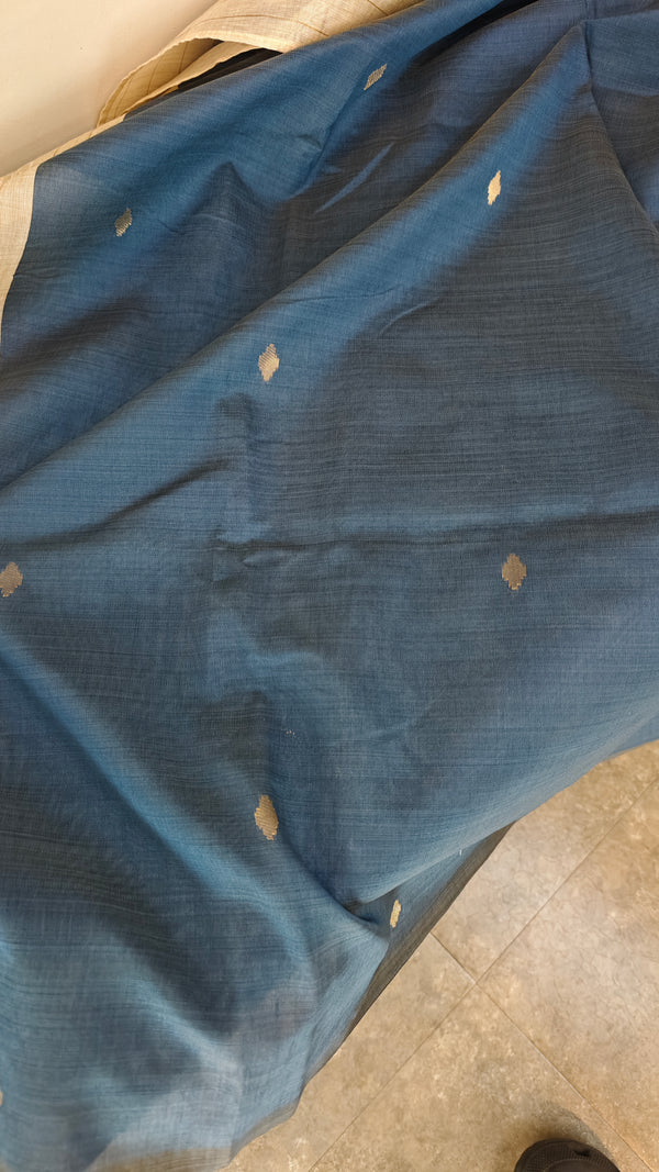 Light beige and blue linen chanderi saree
