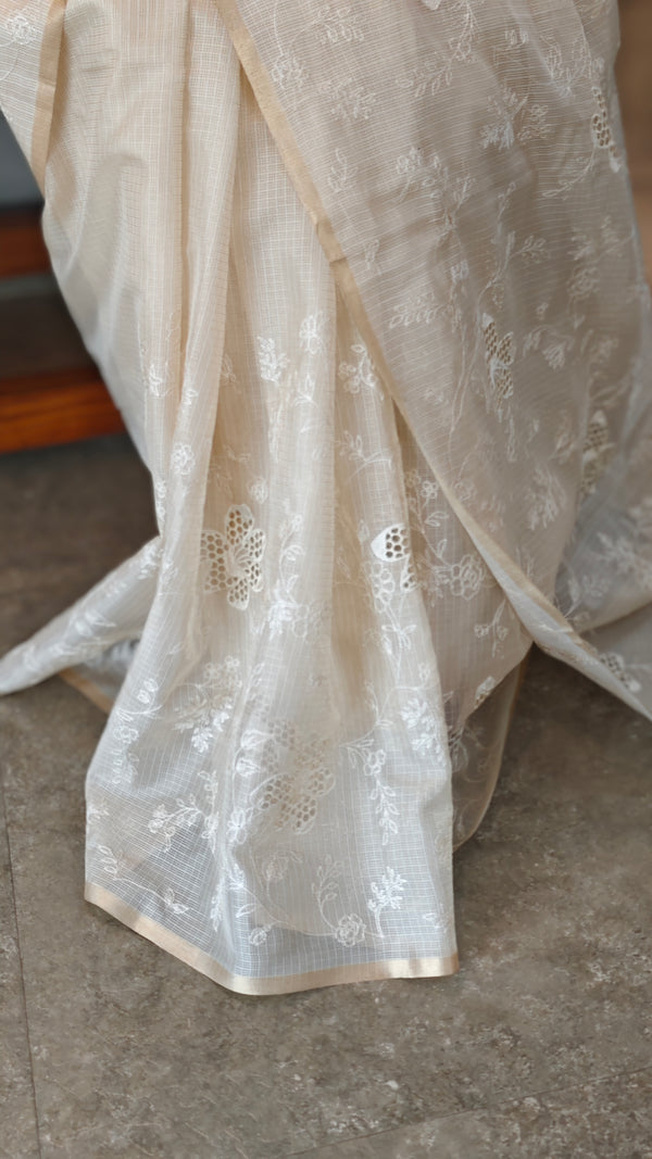 Cream shade silky kota saree with cutwork - NNF2