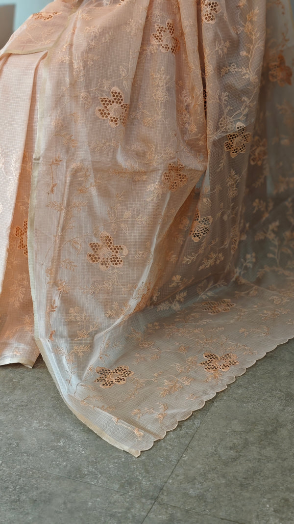 Peach shade silky kota saree with cutwork - NNF2