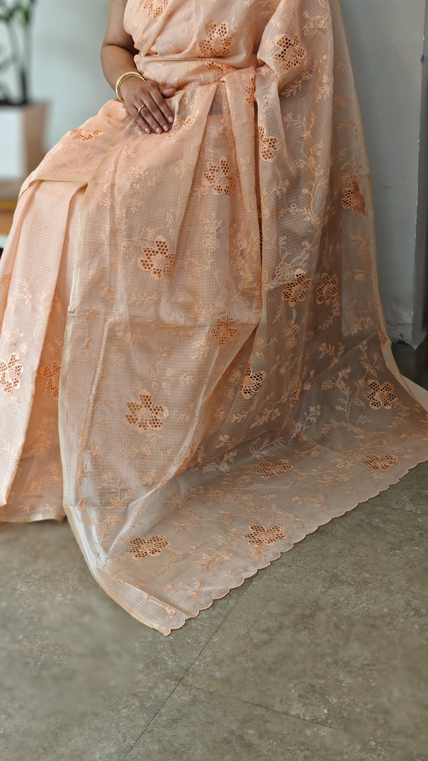 Peach shade silky kota saree with cutwork - NNF2