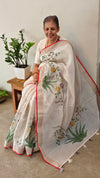 Off white base linen tissue saree - Hand painted- Lilac and mustard flowers - 6DE3