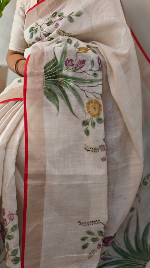 Off white base linen tissue saree - Hand painted- Lilac and mustard flowers - 6DE3