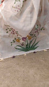 Off white base linen tissue saree - Hand painted- Lilac and mustard flowers - 6DE3