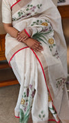 Off white base linen tissue saree - Hand painted- Lilac and mustard flowers - 6DE3